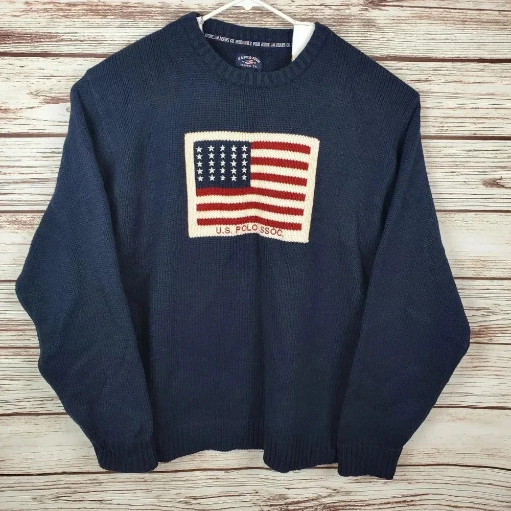 US Polo Assn Mens XL Navy Blue USA Flag Logo Wool Blend Crewneck Sweater